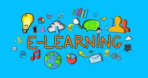 Hand-drawn e-learning illustration on blue background